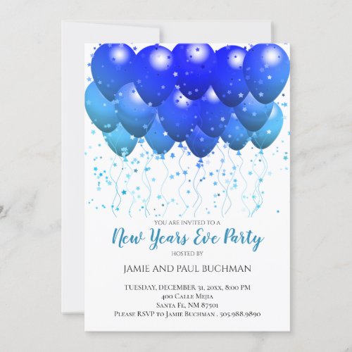 Blue balloons Confetti White New Years Eve Party Invitation