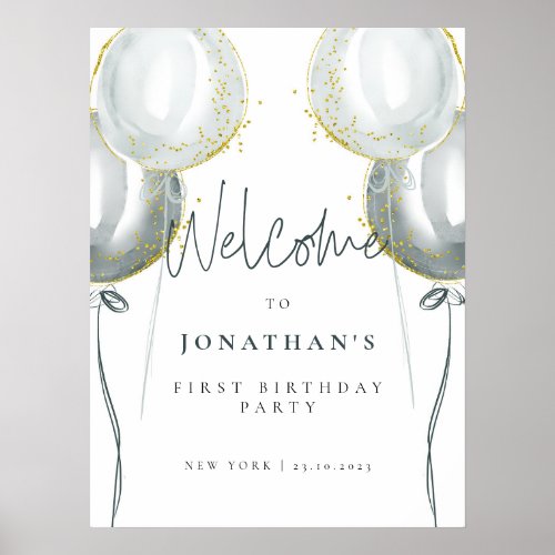 Blue Balloons First Birthday Welcome Sign Poster