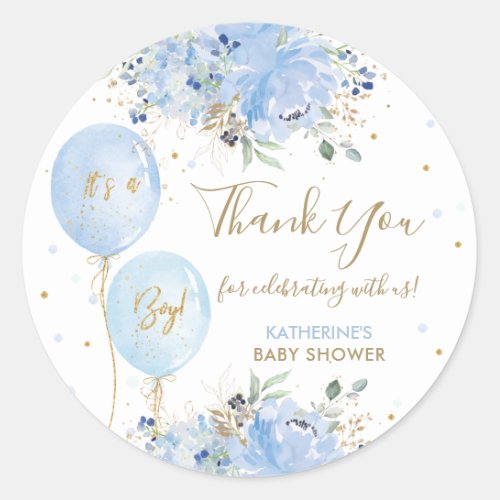 Blue Balloons Floral Baby Shower Thank You Favor Classic Round Sticker