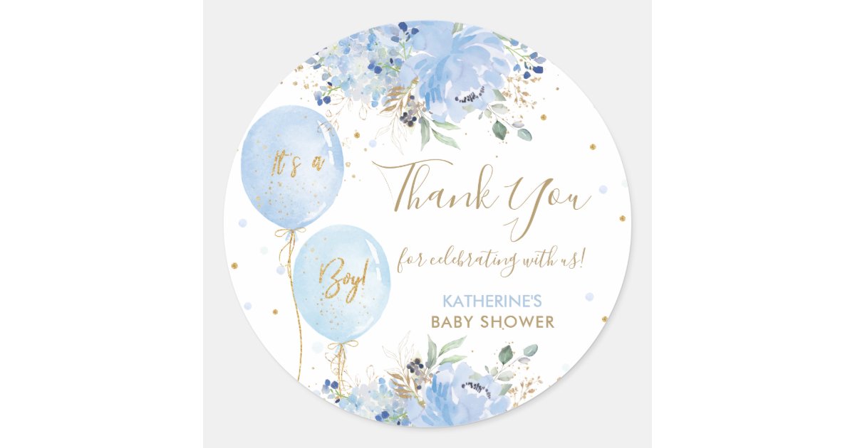 Blue Balloons Floral Baby Shower Thank You Favor Classic Round Sticker ...