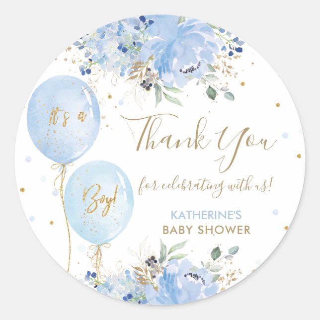 Blue Balloons Floral Baby Shower Thank You Favor Classic Round Sticker (Front)