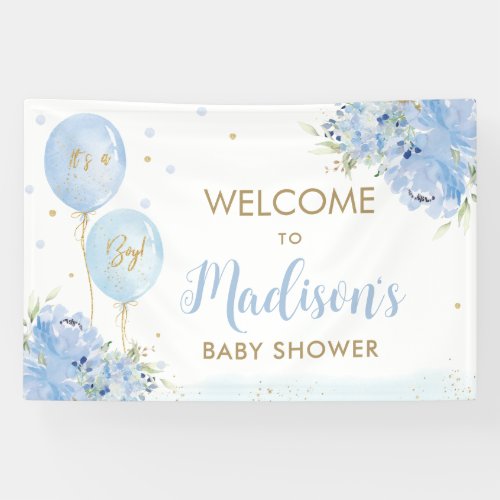 Blue Balloons Floral Baby Shower Welcome Backdrop  Banner