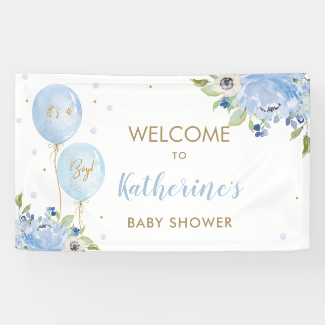 Blue Balloons Floral Baby Shower Welcome Backdrop Banner (Horizontal)