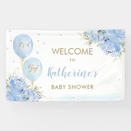 Blue Balloons Floral Baby Shower Welcome Backdrop Banner