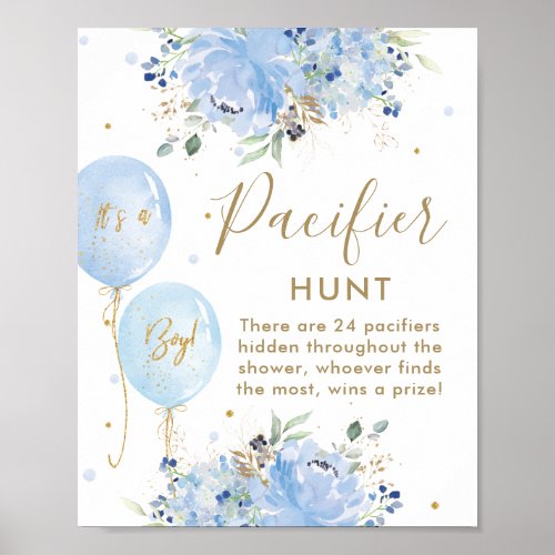Blue Balloons Floral Boy Baby Pacifier Hunt Game Poster