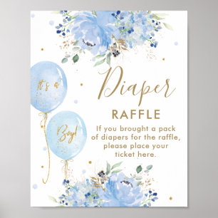 Blue Balloons Floral Boy Baby Shower Diaper Raffle Poster