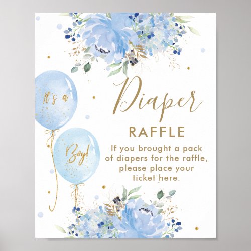 Blue Balloons Floral Boy Baby Shower Diaper Raffle Poster