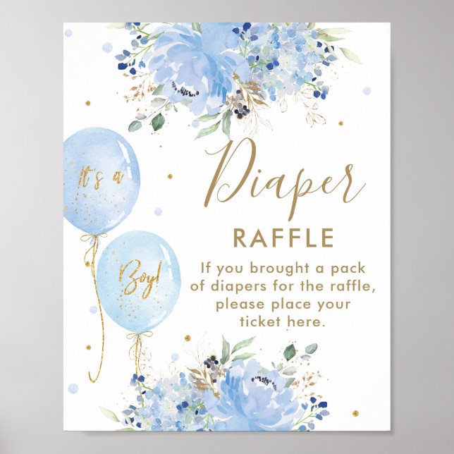 Blue Balloons Floral Boy Baby Shower Diaper Raffle Poster (Front)