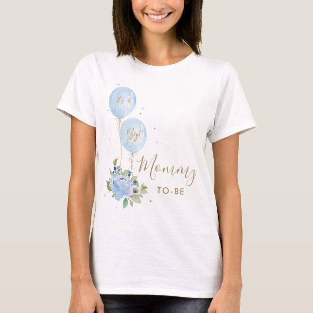 Blue Balloons Floral Boy Baby Shower Mommy to be  T-Shirt (Front)