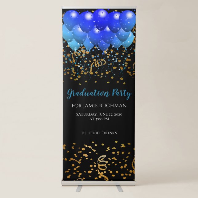 Blue Balloons Gold Confetti Black Graduation Retractable Banner (Front)
