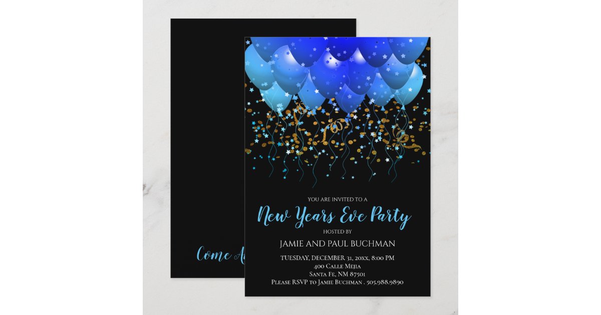Blue balloons Gold Confetti Black New Year's Eve Invitation | Zazzle