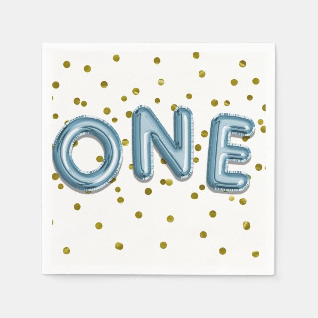 Blue Balloons Gold Confetti ONE 1st Birthday Party Napkins (Front)
