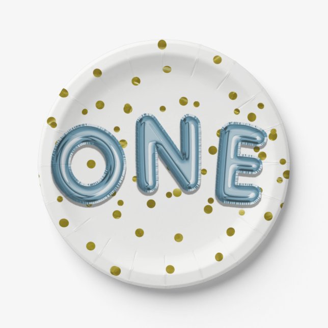 Blue Balloons Gold Confetti ONE 1st Birthday Party Paper Plates (Front)