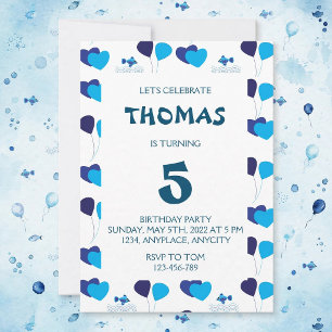Blue Balloons Hearts Boy Kids Birthday Party Invitation