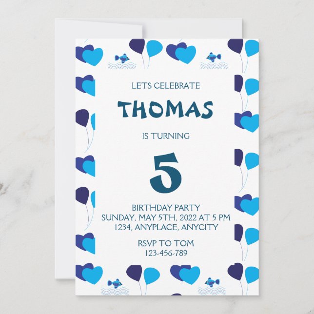 Blue Balloons Hearts Boy Kids Birthday Party  Invitation (Front)