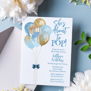 Blue Balloons She's About to Pop Baby Shower Invitation