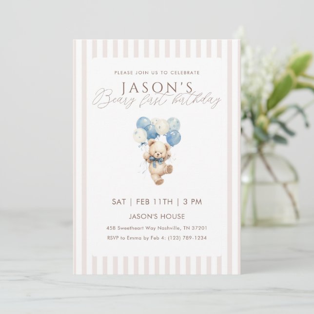 Blue Balloons Teddy Bear 1st Birthday Invitation (Standing Front)
