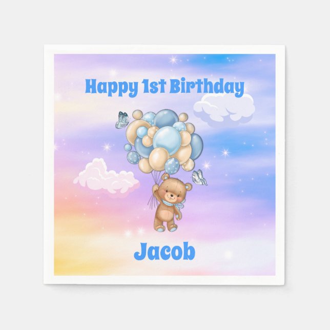 Blue Balloons Teddy Bear 1st Birthday Napkins (Front)