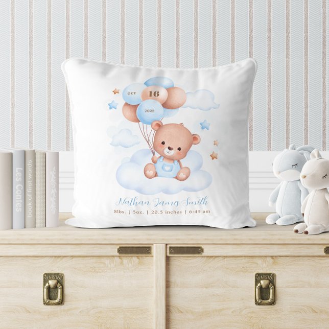 Blue Balloons Teddy Bear Baby Birth Stats Throw Pillow (Creator Uploaded)