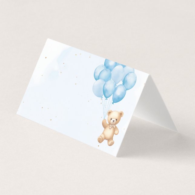 Blue balloons teddy bear baby shower place cards (Front)