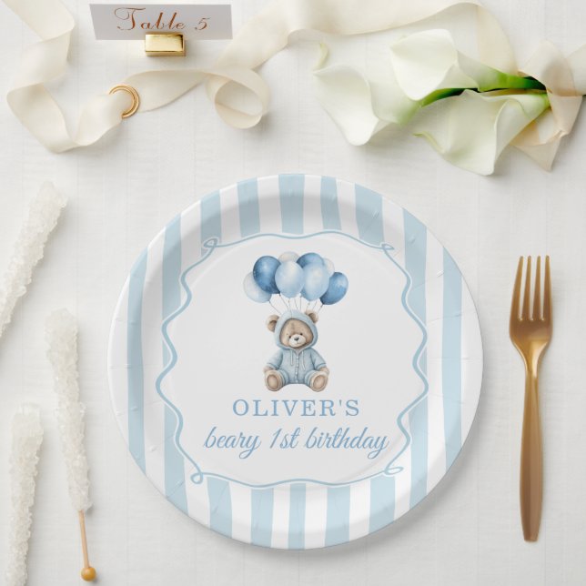 Blue Balloons Teddy Bear Birthday Paper Plate (Wedding)
