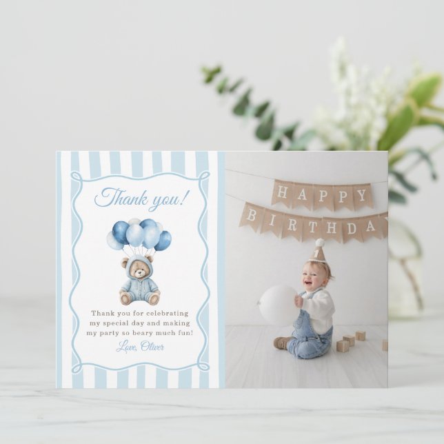 Blue Balloons Teddy Bear Birthday Thank You Card (Standing Front)