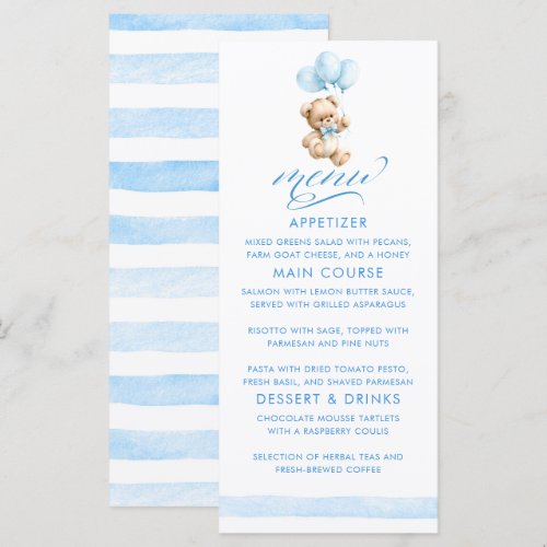 Blue Balloons Teddy Bear Boy Baby Shower Menu