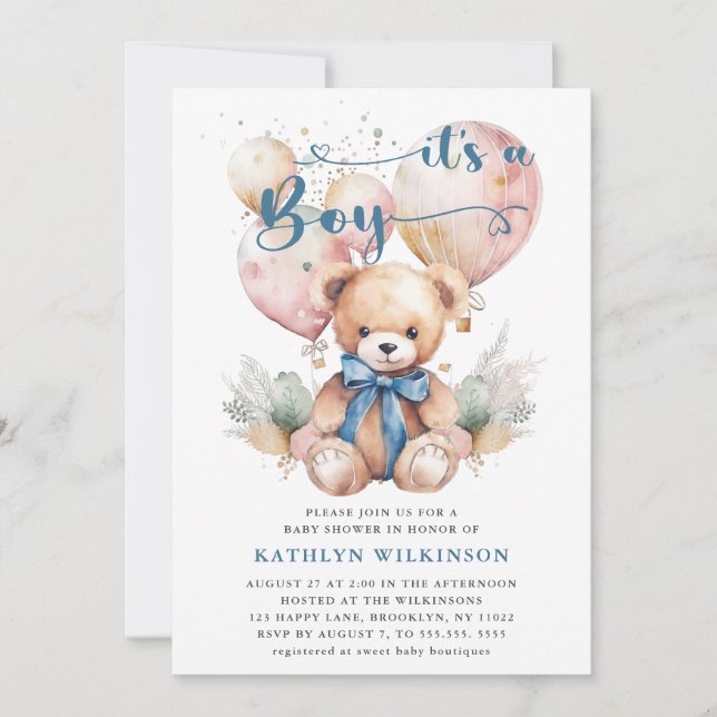 Blue Balloons Teddy Bear Cute Boy Baby Shower  Invitation (Front)