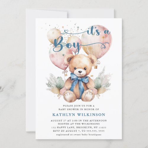 Blue Balloons Teddy Bear Cute Boy Baby Shower  Invitation