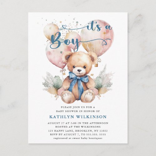 Blue Balloons Teddy Bear Cute Boy Baby Shower  Invitation Postcard