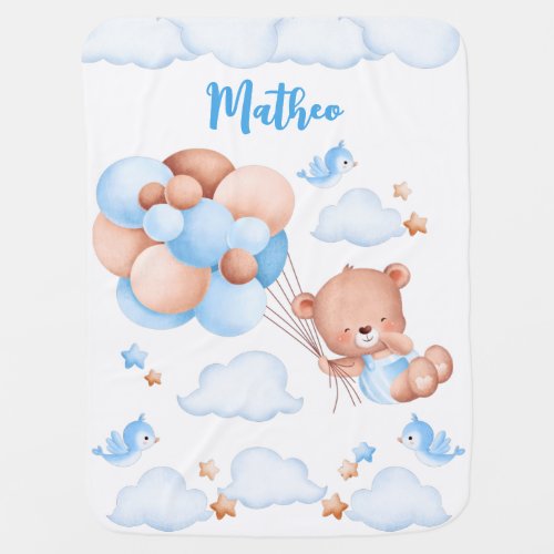 Blue balloons teddy bear in the clouds custom name baby blanket
