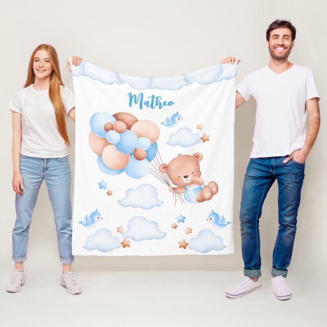 Blue balloons teddy bear in the clouds custom name fleece blanket (In Situ)