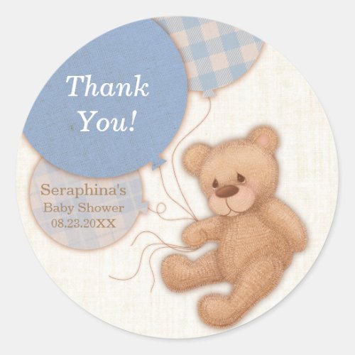 Blue Balloons Teddy Bear Thank You Baby Shower Classic Round Sticker