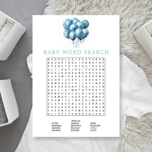 Blue Balloons Watercolor Baby Shower Word Search Invitation