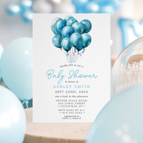 Blue Balloons Watercolor Boy Baby Shower Invitation