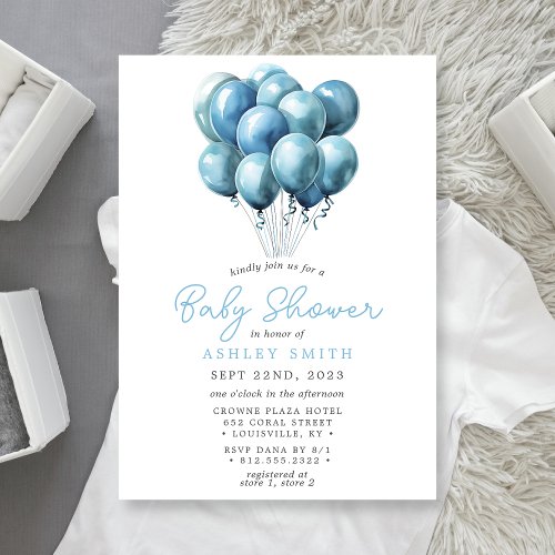 Blue Balloons Watercolor Boy Baby Shower Invitation