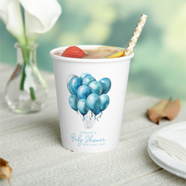 Blue Balloons Watercolor Boy Baby Shower  Paper Cups (Insitu)