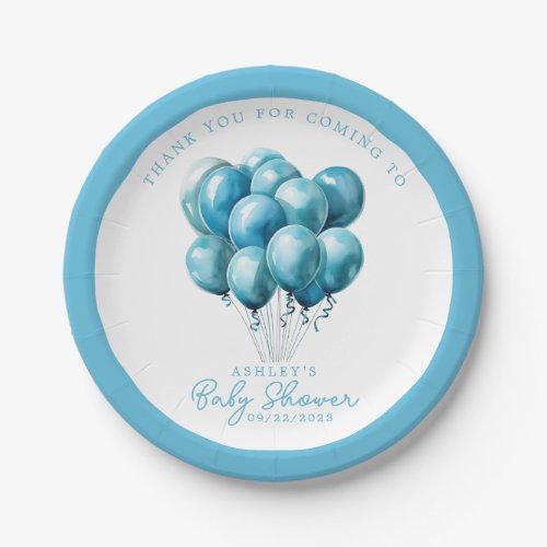 Blue Balloons Watercolor Boy Baby Shower Paper Plates