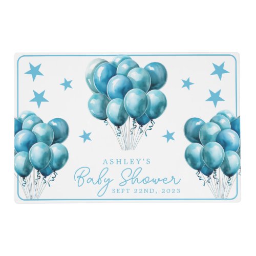 Blue Balloons Watercolor Boy Baby Shower Placemat