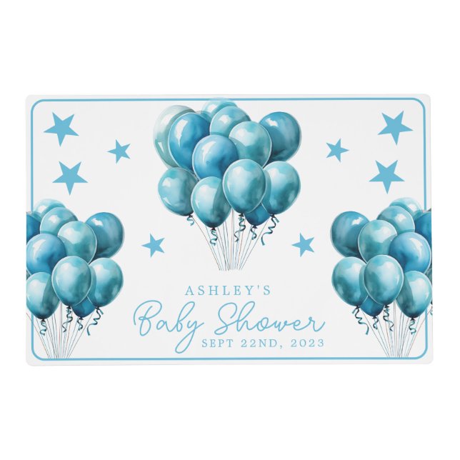 Blue Balloons Watercolor Boy Baby Shower Placemat (Front)