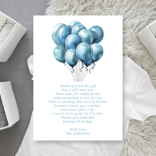 Blue Balloons Watercolor Boy Baby Shower Thank You