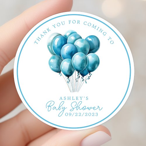 Blue Balloons Watercolor Boy Baby Shower Thank You Classic Round Sticker