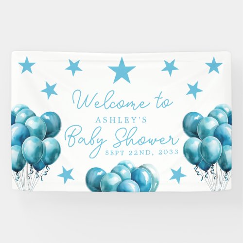 Blue Balloons Watercolor Boy Baby Shower Welcome Banner