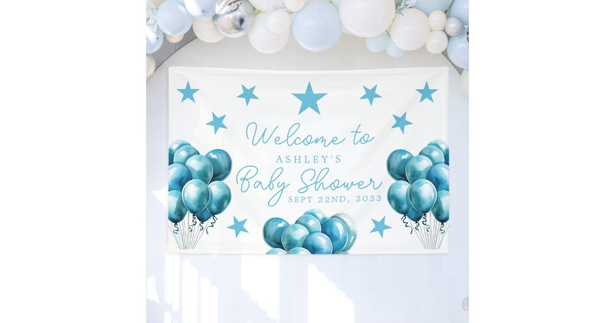 Blue Balloons Watercolor Boy Baby Shower Welcome Banner | Zazzle