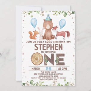 Blue Balloons Woodland Animals 1st Birthday Invitation