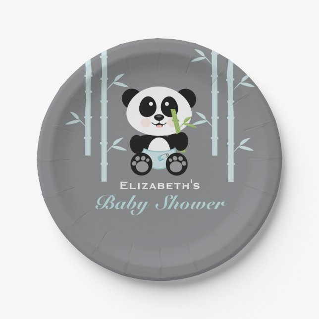 Blue Bamboo Panda Baby Shower Paper Plates (Front)