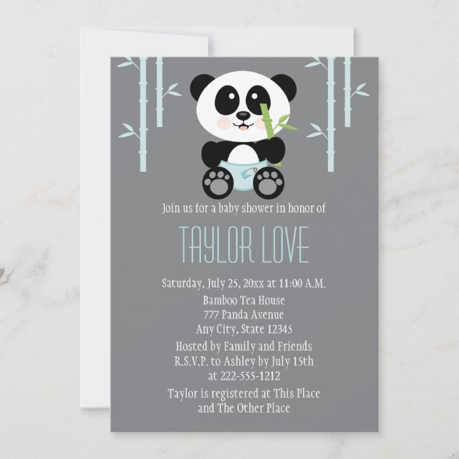 Blue Bamboo Panda in Diapers Baby Shower Invitation (Front)