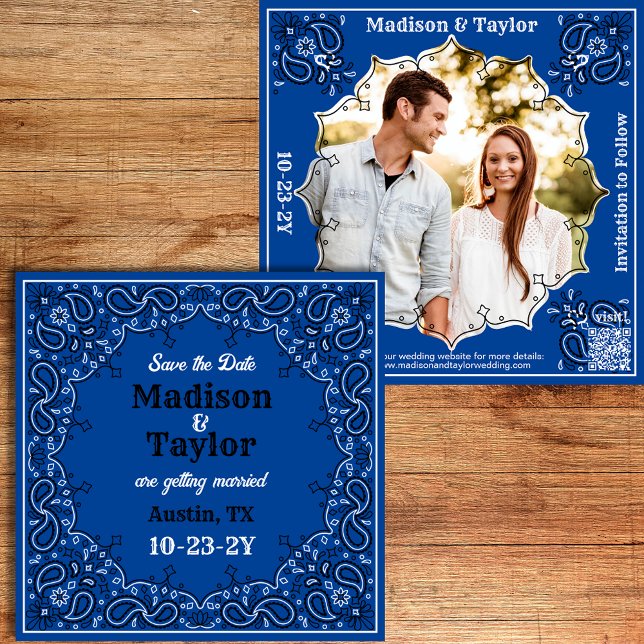Blue Bandana Photo Flat Save The Date Card (Classic blue bandana Save the Date with your photo and a QR code.)