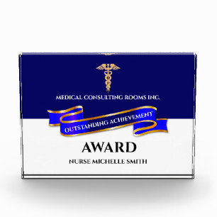 Blue banner gold trim caduceus medical healthcare acrylic award