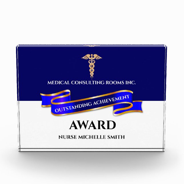 Blue banner gold trim caduceus medical healthcare acrylic award (Front)